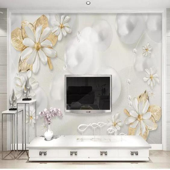 پوستر دیواری سه بعدی مدل گل برجسته سفید برگ طلایی گوی DVRF1278|دیجی‌کالا