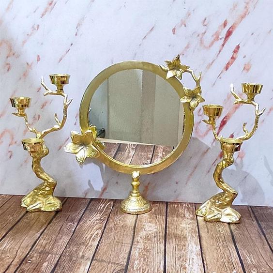 آینه و شمعدان آلومینیومی گل یاس طلایی|پیشنهاد محصول