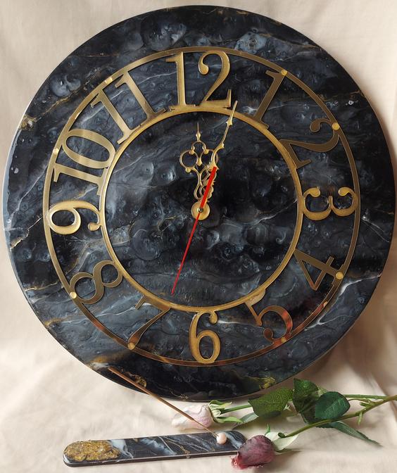 ساعت دیواری رزینی طرح سنگ مرمر مشکی ا Black marble resin wall clock|پیشنهاد محصول