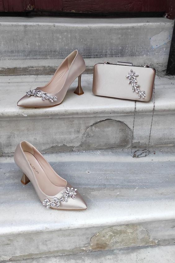 ست کفش و کیف زنانه پاشنه ساتن ی سنگی برند LA CALZATURE|پیشنهاد محصول