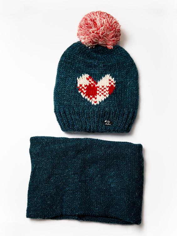 دو تیکه بافت کلاه و شال گردن سه رنگ طرح قلب 70041 سبز FREE اندلس|پیشنهاد محصول