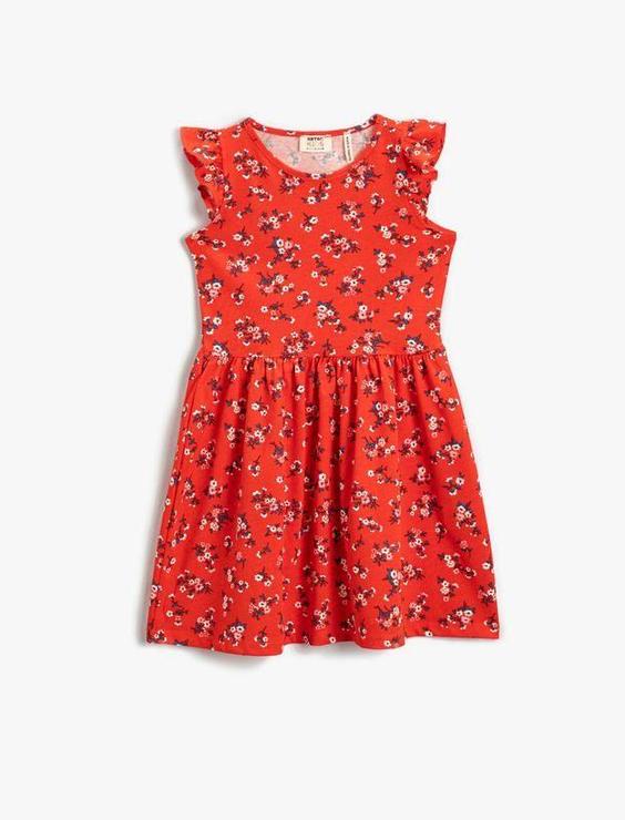 پیراهن روزمره دختربچه قرمز کوتون 2YKG87070OK01D ا Çiçekli Kolsuz Elbise Pamuklu Fırfır Detaylı|پیشنهاد محصول