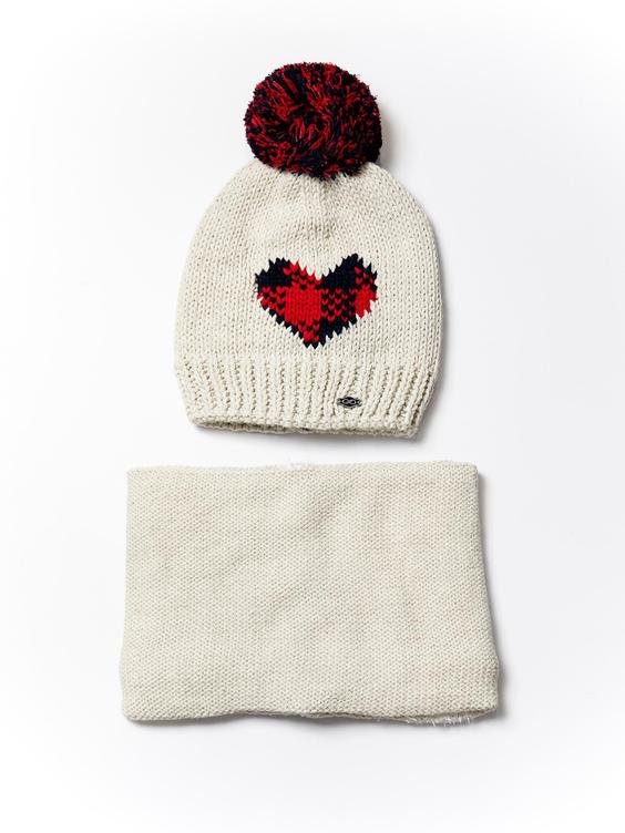 دو تیکه بافت کلاه و شال گردن سه رنگ طرح قلب 70041 کرم FREE اندلس|پیشنهاد محصول
