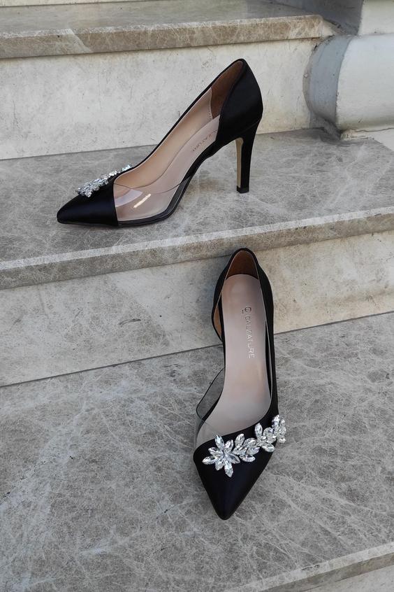 کفش زنانه پاشنه دار سنگی ساتن مشکی ساتن ی شفاف برند LA CALZATURE|پیشنهاد محصول