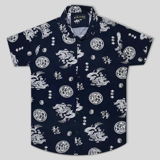 پیراهن هاوایی سورمه ای مردانه طرح چینی کد 124033-14|پیشنهاد محصول