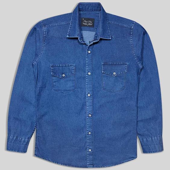 پیراهن جین دو جیب آستین بلند سورمه ای 124006-2|پیشنهاد محصول