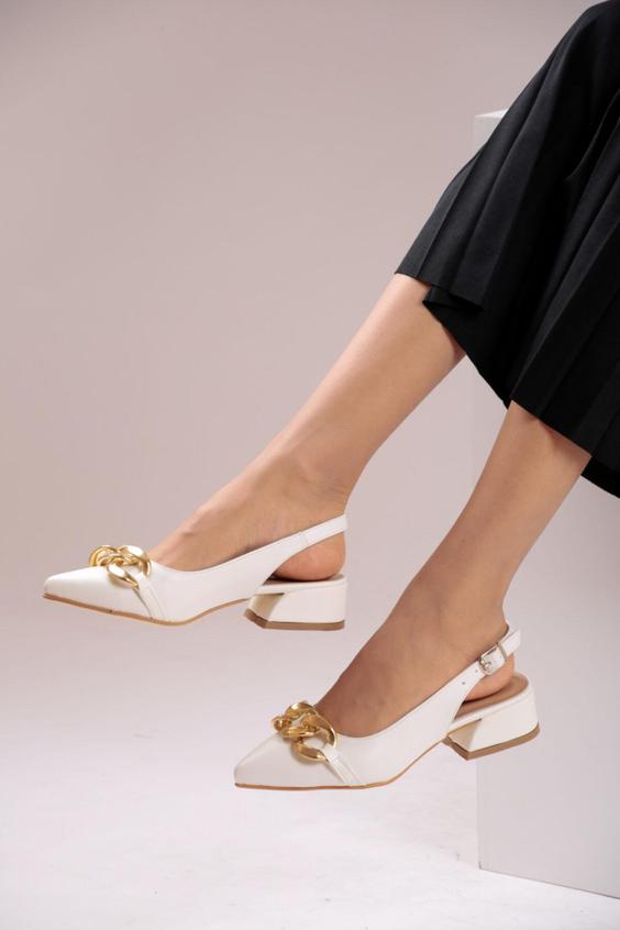 کفش پاشنه دار زنانه پشت باز سگک زنجیر اسکین سفید برند FORS SHOES|پیشنهاد محصول