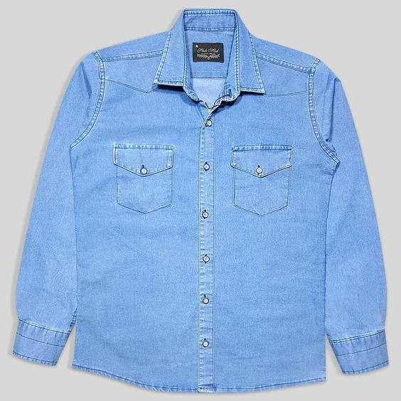 پیراهن جین سایز بزرگ دو جیب آستین بلند آبی یخی 124020-1|پیشنهاد محصول