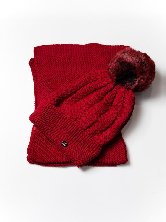 دو تکه بافت مارپیچ با کلاه لبه برگردان منگوله دار با شال گردن 20079 قرمز FREE اندلس|پیشنهاد محصول