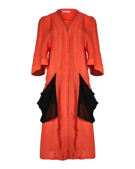 مانتو زنانه بلند کرپ حرير نارنجي بلفي|پیشنهاد محصول