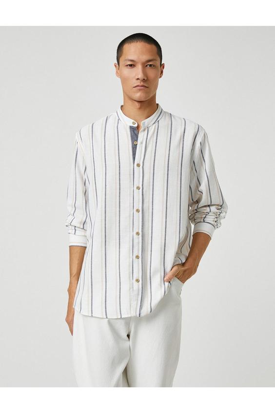خرید اینترنتی پیراهن آستین بلند مردانه سفید کوتون 3SAM60026HW ا Basic Dokuma Gömlek Hakim Yaka Düğmeli|پیشنهاد محصول