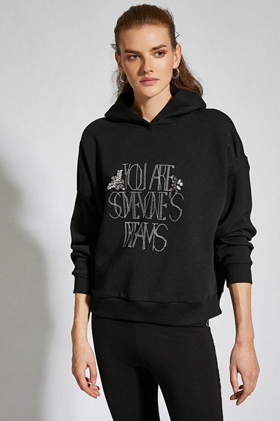 هودی زنانه سیاه کوتون ا Kadın Kapüşonlu Işlemeli Siyah Sweatshirt 2wak10183ek|پیشنهاد محصول