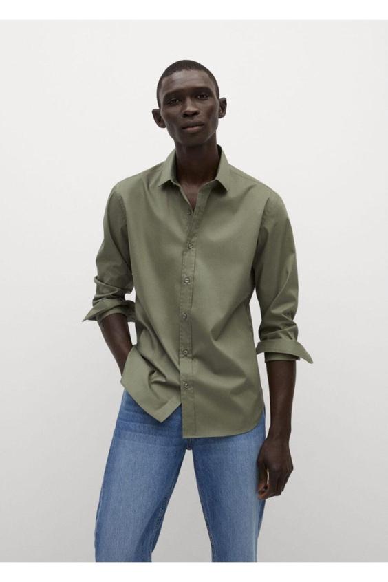پیراهن آستین بلند مردانه سبز برند mango ا Erkek Haki Renk Dar Kesim Pamuklu Gömlek|پیشنهاد محصول