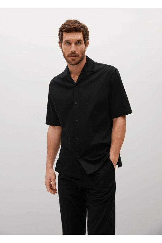 پیراهن آستین کوتاه مردانه سیاه مانگو ا Erkek Siyah Bowling Yaka Regular Kesim Gömlek|پیشنهاد محصول