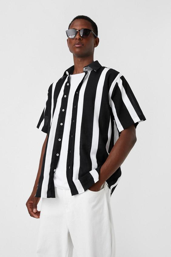 پیراهن آستین کوتاه مردانه سیاه سفید کوتون ا Erkek Lacivert Çizgili Gömlek 2SAM60429HW|پیشنهاد محصول
