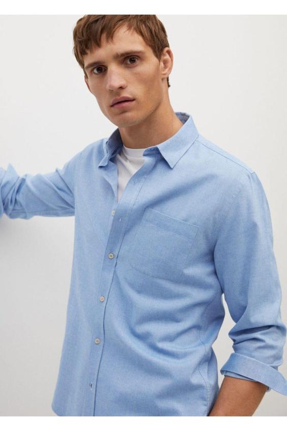 پیراهن آستین بلند مردانه آبی برند mango ا Erkek Mavi Dar Kesimli Modal Pamuklu Gömlek|پیشنهاد محصول