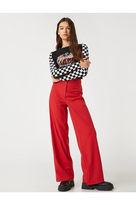 شلوار روزمره زنانه قرمز کوتون ا Bol Paça Pantolon Yüksek Bel Düğmeli|پیشنهاد محصول