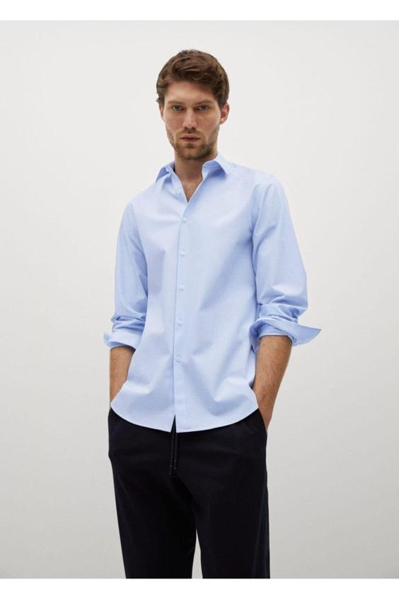 پیراهن آستین بلند مردانه آبی برند mango ا Erkek Dar Kesim Streç Pamuklu Kumaşlı Gömlek|پیشنهاد محصول