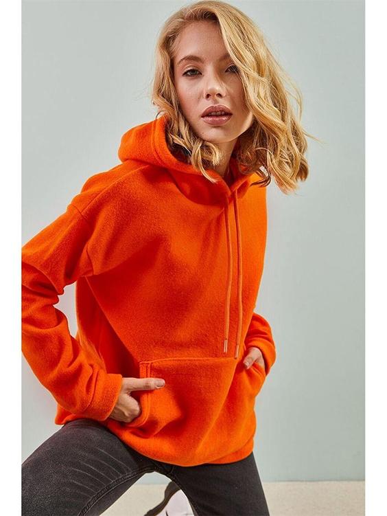 هودی زنانه نارنجی برند SHADE ا Kapüşonlu Düz Uzun Kollu Kadın Sweatshirt|پیشنهاد محصول