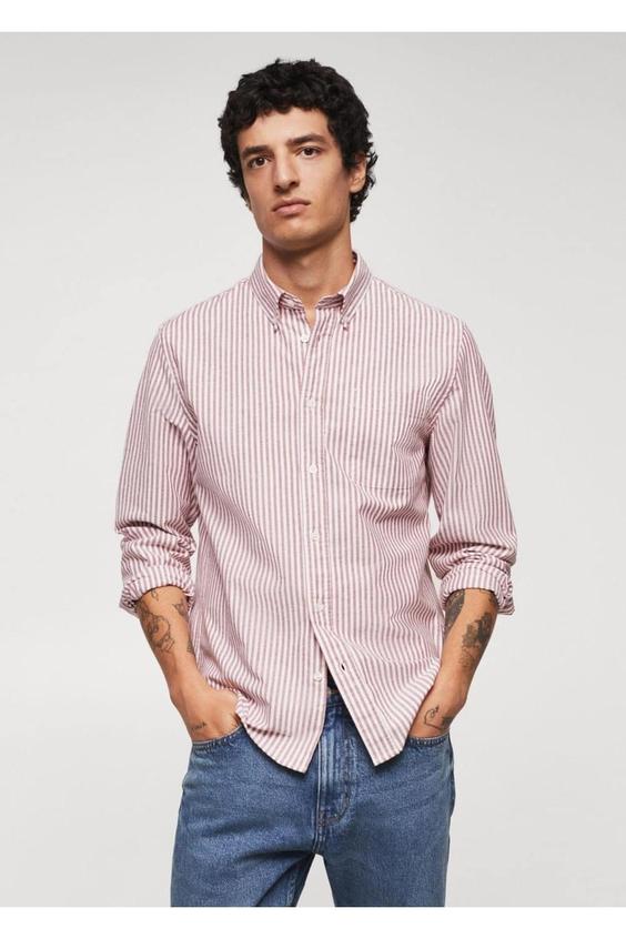 پیراهن آستین بلند مردانه زرشکی مانگو ا Çizgili Pamuklu Regular Fit Gömlek|پیشنهاد محصول