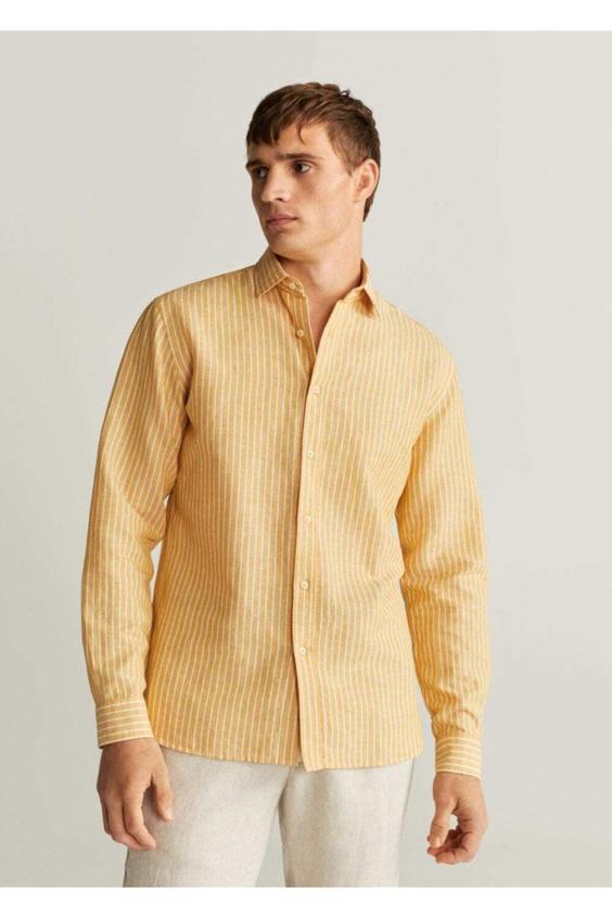پیراهن آستین بلند مردانه زرد مانگو ا Erkek Sarı Regular Kesim Pamuk-Keten Karışımlı Gömlek 67006303|پیشنهاد محصول