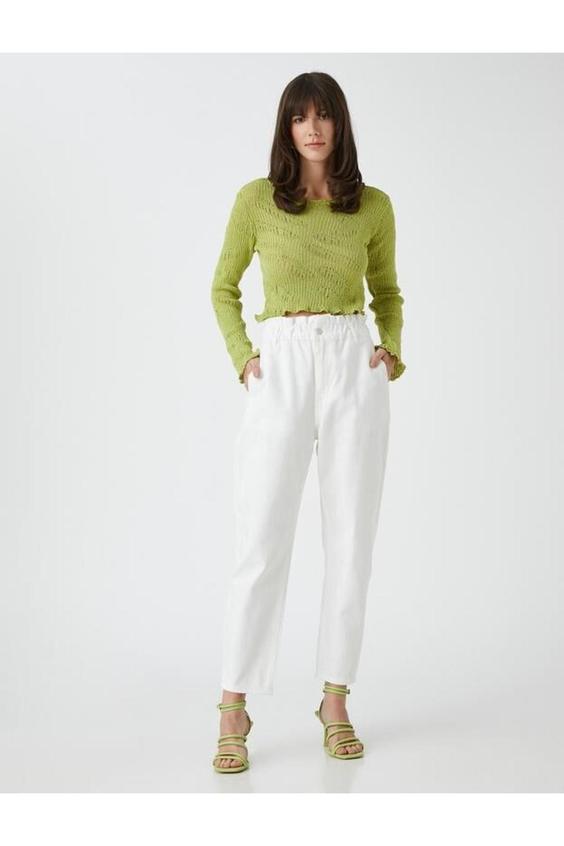شلوار راحتی زنانه سفید کوتون ا Beli Lastikli Pantolon Yüksek Bel Cep Detaylı|پیشنهاد محصول
