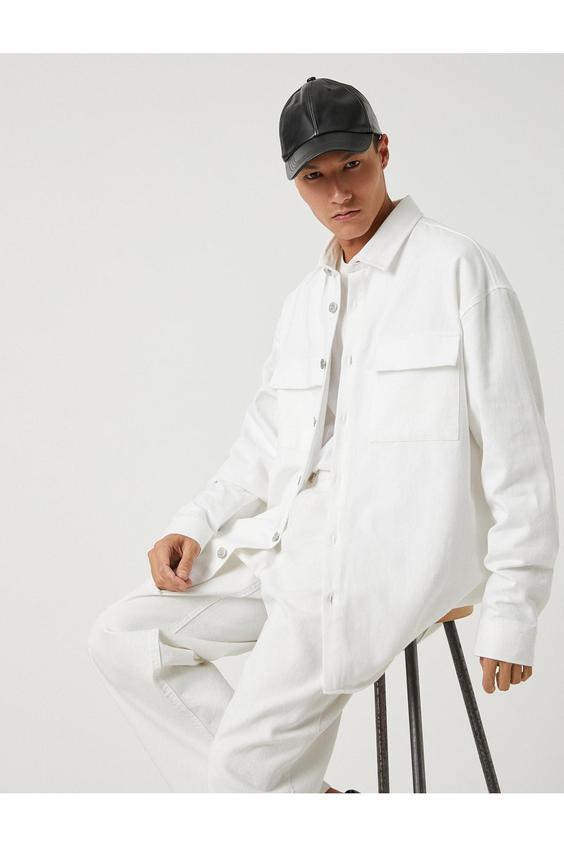پیراهن آستین بلند مردانه سفید کوتون ا Basic Gömlek Ceket Klasik Yaka Düğmeli Cep Detaylı|پیشنهاد محصول