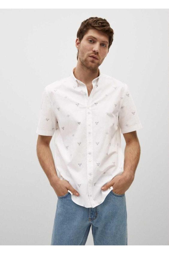 پیراهن آستین کوتاه مردانه سفید مانگو ا Erkek Beyaz Regular Kesim Desenli Pamuklu Gömlek|پیشنهاد محصول