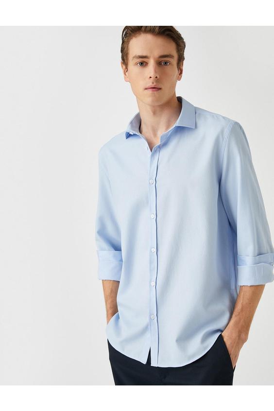 پیراهن آستین بلند مردانه آبی کوتون ا Basic Gömlek Klasik Manşet Yaka Uzun Kollu Dar Kesim|پیشنهاد محصول