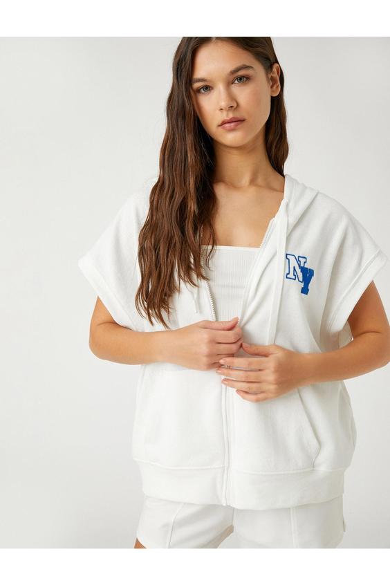 سوییشرت زنانه سفید کوتون ا Oxford Baskılı Sweatshirt Kapüşonlu Fermuar Detaylı Kolsuz|پیشنهاد محصول