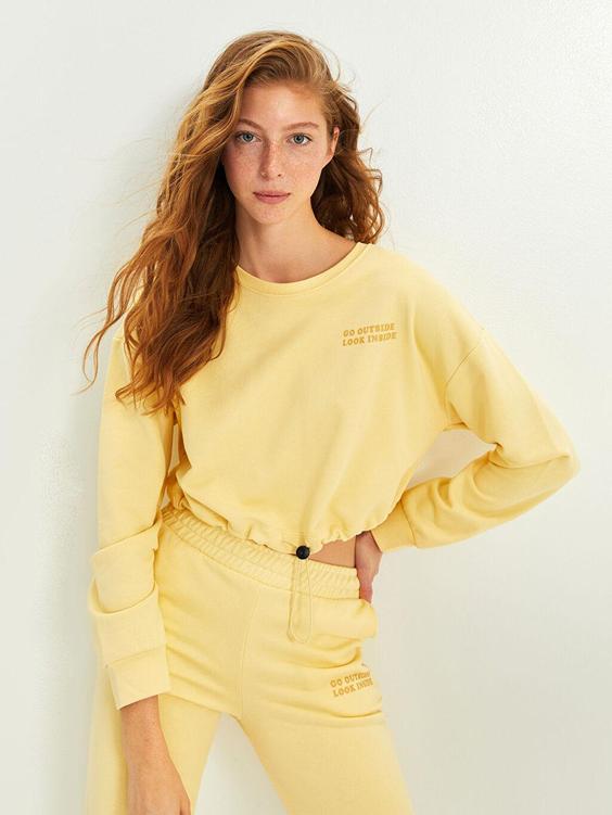 سوییشرت زنانه زرد برند XSIDE ا Bisiklet Yaka Yazı Baskılı Uzun Kollu Kadın Sweatshirt|پیشنهاد محصول