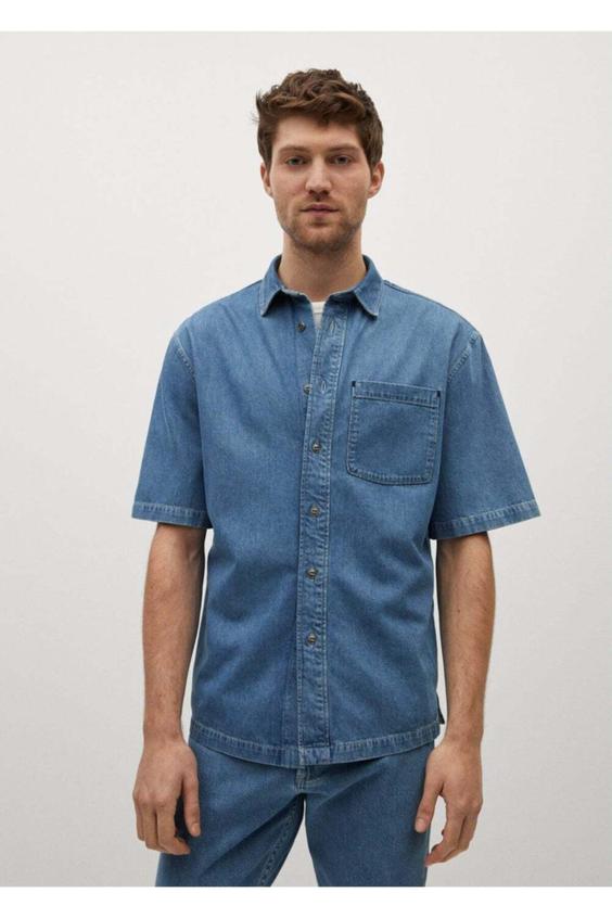 پیراهن آستین کوتاه مردانه آبی مانگو ا Erkek Donuk Mavi Relaxed Kesim Kot Gömlek|پیشنهاد محصول