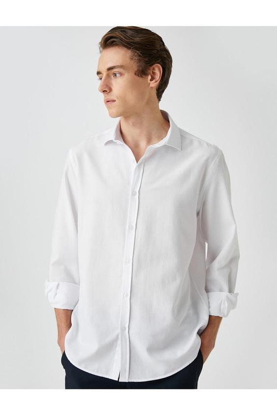 پیراهن آستین بلند مردانه سفید کوتون ا Basic Gömlek Klasik Manşet Yaka Uzun Kollu Dar Kesim|پیشنهاد محصول
