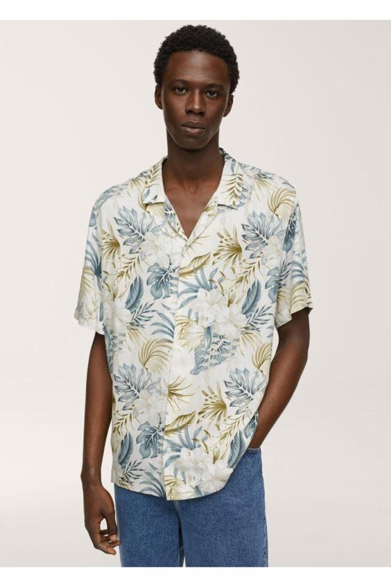 پیراهن آستین کوتاه مردانه سفید مانگو ا Erkek Ekrü Dökümlü Hawaiian Gömlek|پیشنهاد محصول