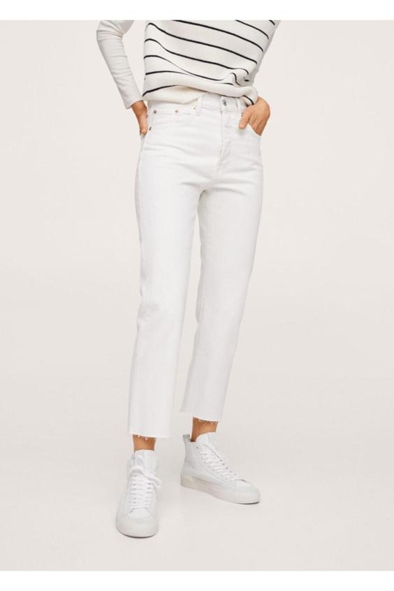 شلوار جین زنانه سفید مانگو ا Kadın Beyaz Yüksek Belli Kısa Paçalı Düz Kesim Jean|پیشنهاد محصول