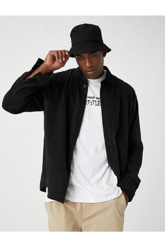 پیراهن آستین بلند مردانه سیاه کوتون ا Fitilli Kadife Gömlek|پیشنهاد محصول