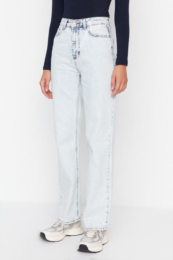 شلوار جین زنانه آبی برند trendyolmilla ا Mavi Yüksek Bel Uzun Straight Jeans TWOAW23JE00129|پیشنهاد محصول