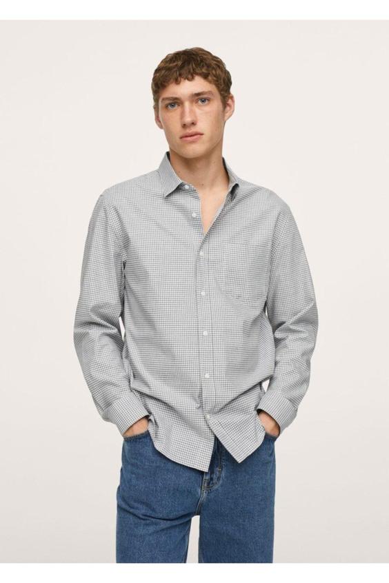 پیراهن آستین بلند مردانه طوسی مانگو ا Erkek Gri Pötikareli Pamuklu Gömlek|پیشنهاد محصول