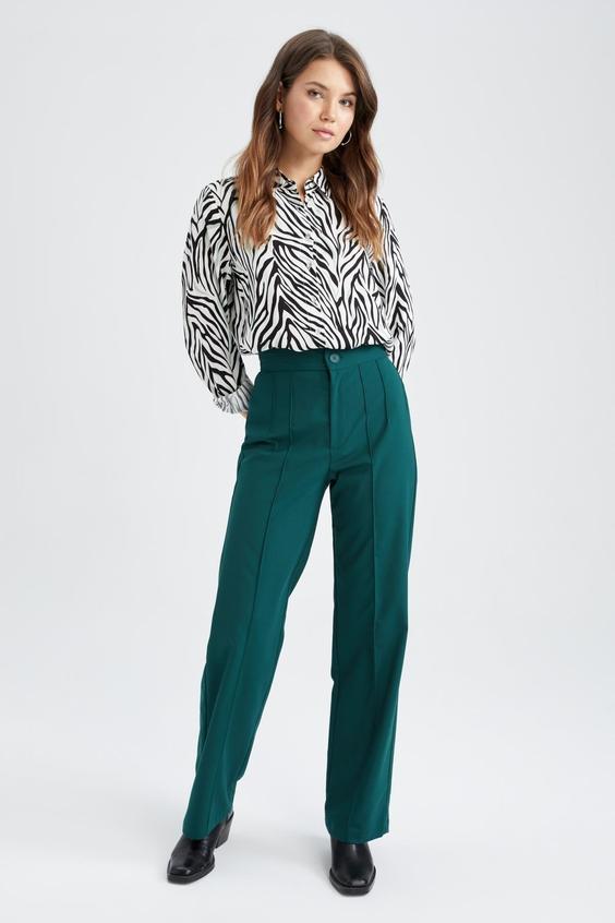 شلواررسمی زنانه سبز دیفاکتو ا Straight Fit Yüksek Bel Geniş Paça Cepli Pantolon|پیشنهاد محصول