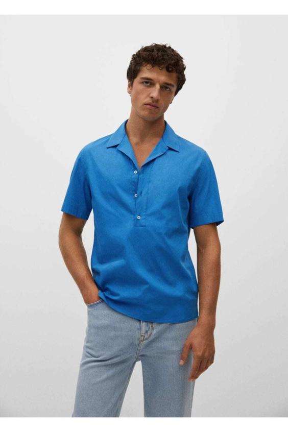 پیراهن آستین کوتاه مردانه آبی مانگو ا Regular Kesim Bowling Yaka Gömlek|پیشنهاد محصول