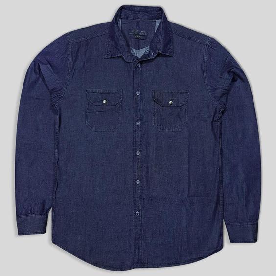 پیراهن جین دو جیب آستین بلند سورمه ای 124074-1|پیشنهاد محصول