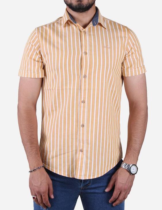 پیراهن مردانه آستین کوتاه راه راه یقه دو رنگ خردلی|پیشنهاد محصول