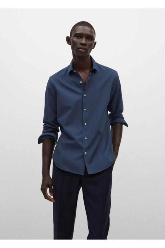 پیراهن آستین بلند مردانه سرمه‌ای برند mango ا Erkek Lacivert Dar Kesim Pamuklu Gömlek|پیشنهاد محصول