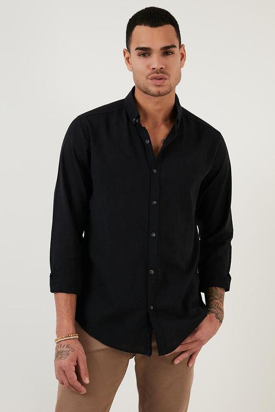 خرید اینترنتی پیراهن آستین بلند مردانه سیاه برند Buratti S000000747 ا Regular Fit Düğmeli Yaka % 100 Pamuk Gömlek CF20S111871|پیشنهاد محصول