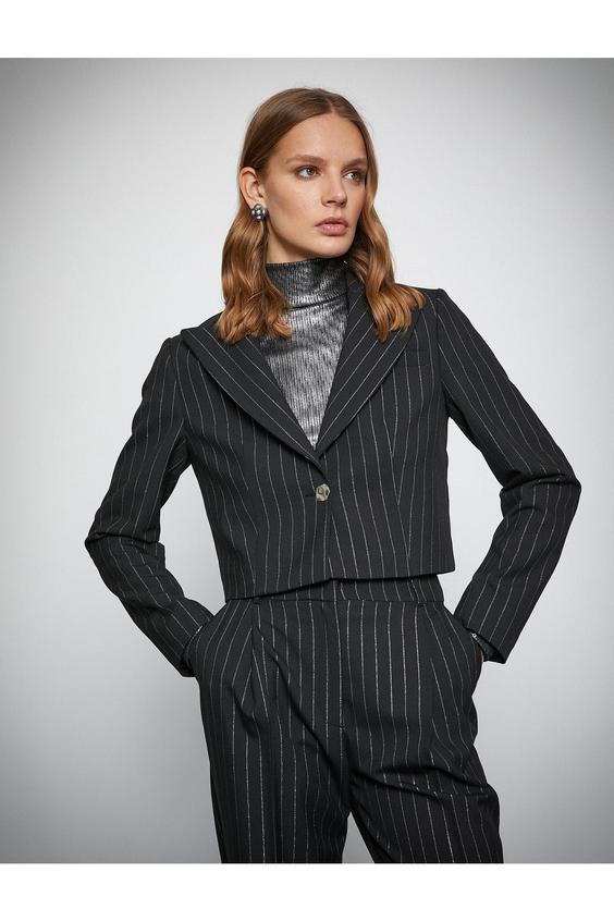 کت زنانه سیاه کوتون ا Melis Ağazat X - Simli Crop Blazer Ceket|پیشنهاد محصول