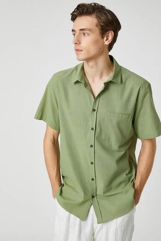 پیراهن آستین کوتاه مردانه سبز کوتون ا Erkek Gömlek 3sam60001hw854|پیشنهاد محصول