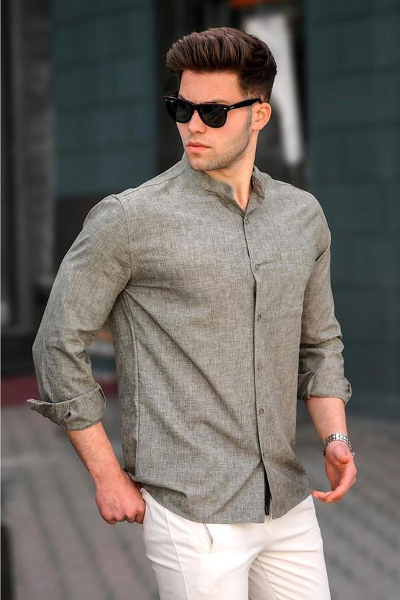 پیراهن مدل دکمه ای یقه ایستاده طرح ساده آستین بلند مردانه مدمکست Madmext (ساخت ترکیه)|پیشنهاد محصول