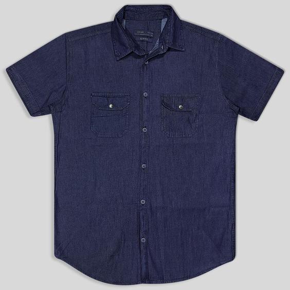 پیراهن جین دو جیب آستین کوتاه سورمه ای 124073-1|پیشنهاد محصول