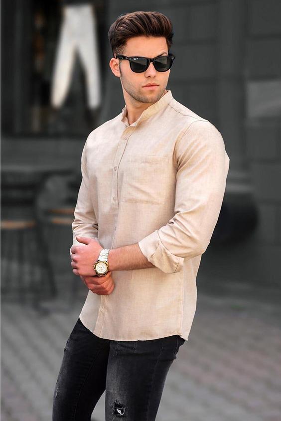پیراهن مدل دکمه ای یقه ایستاده طرح ساده آستین بلند مردانه مدمکست Madmext (ساخت ترکیه)|پیشنهاد محصول