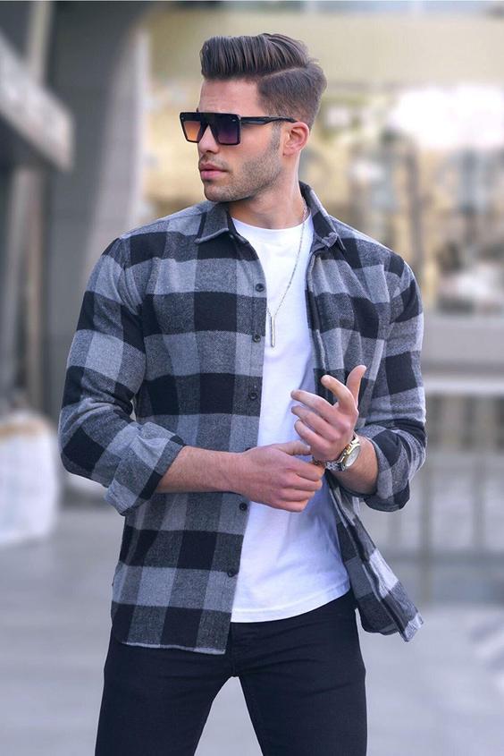 پیراهن چهارخانه مردانه خاکستری مدمکست Madmext (برند ترکیه)|پیشنهاد محصول